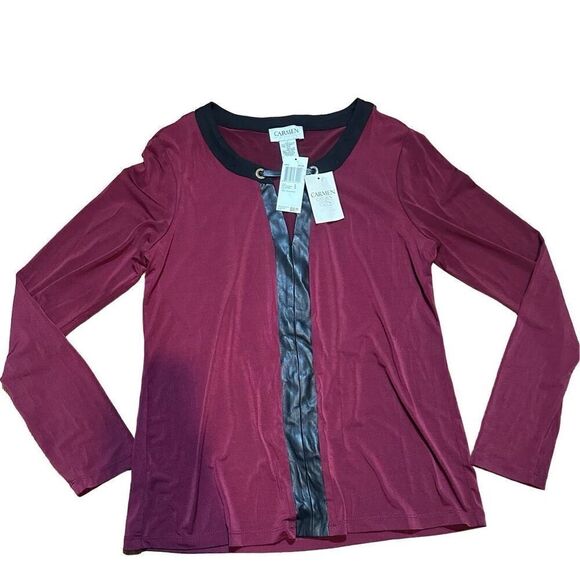 Carmen Marc Valvo wine red long sleeve blouse with faux leather accent sz S NEW - Picture 5 of 6